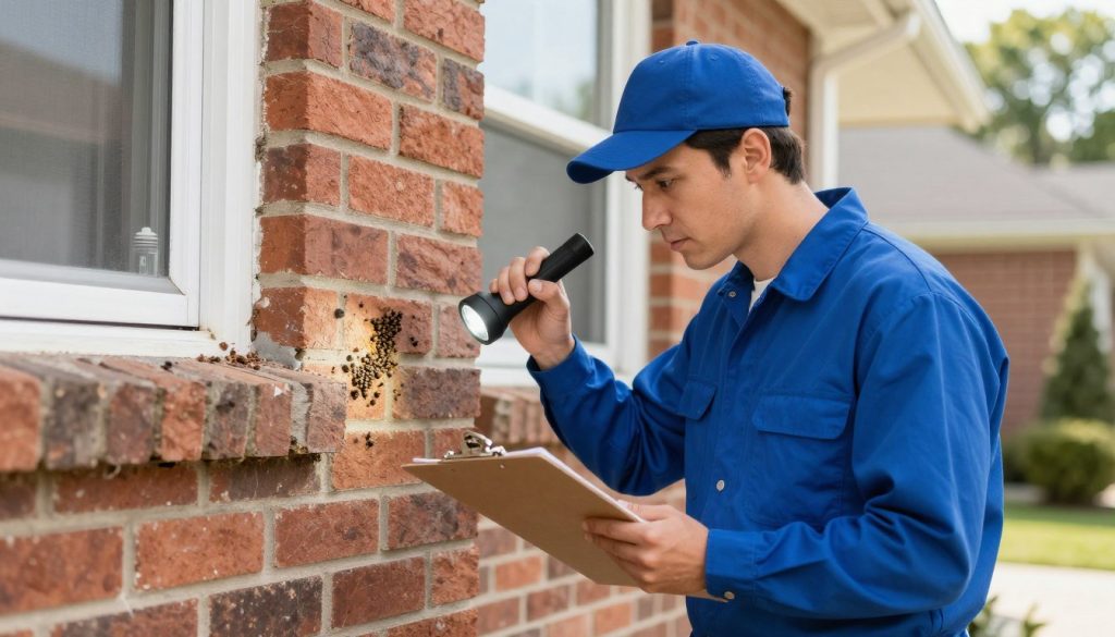 A professional pest control technician in a uniform inspecting the exterior foundation of a brick house with a flashlight and a clipboard, carefully looking for termite mud tubes during a bright day.
