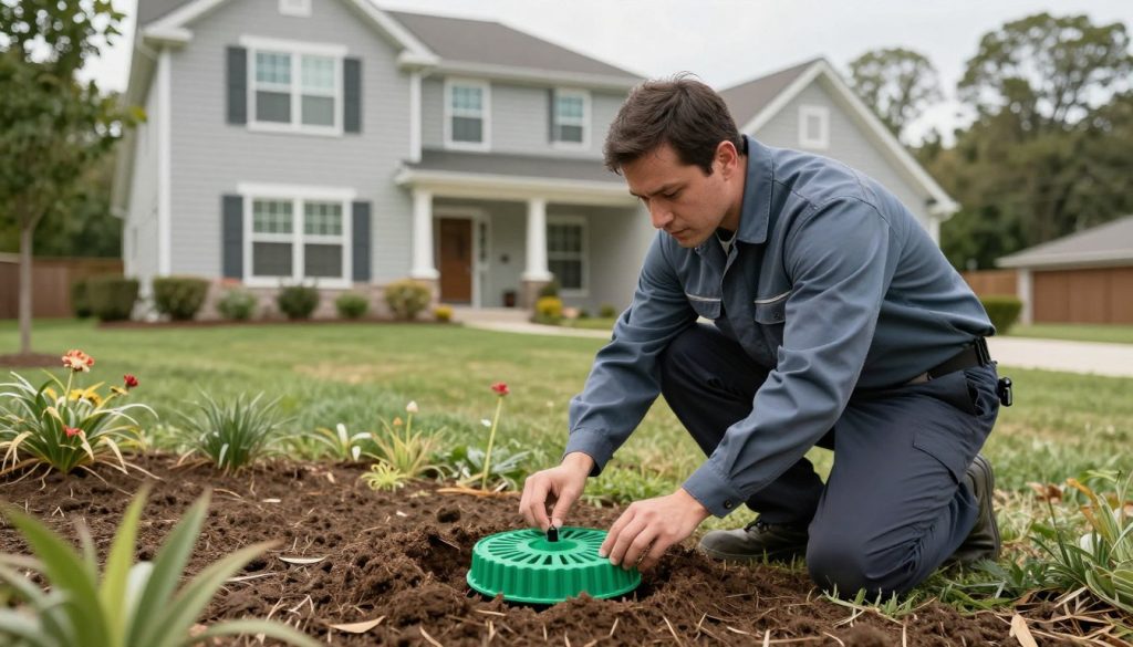 A professional pest control technician in a uniform installing a circular green termite bait station into the soil near the foundation of a modern American suburban home with a wooded backyard.