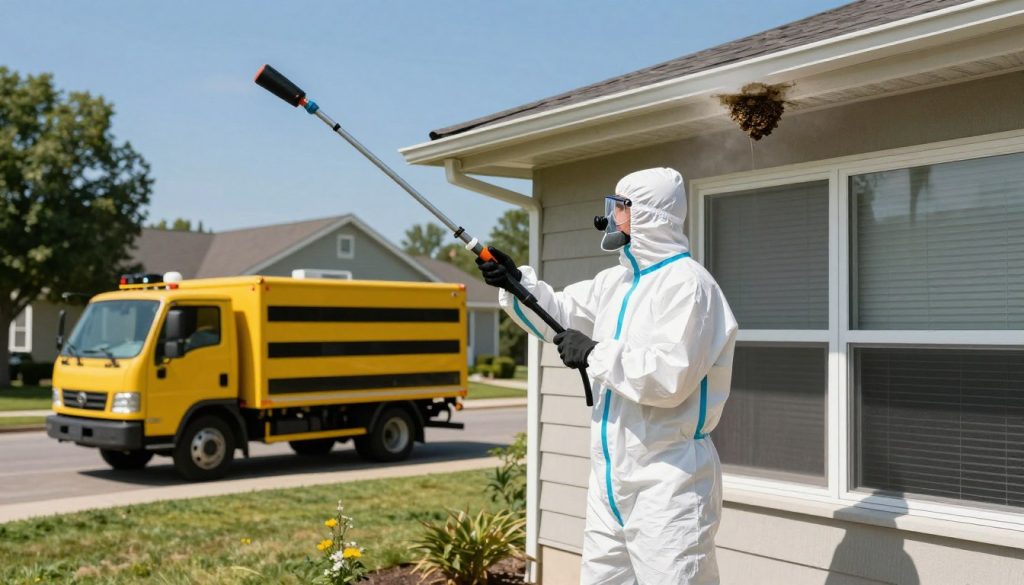 A professional pest control technician in a white protective suit using a long-reach applicator to treat a wasp nest on a high roof soffit of a suburban home, sunny day, specialized bee control truck in the background.