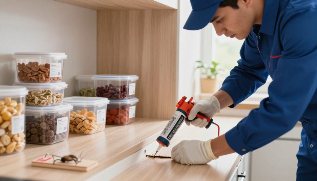A professional pest control technician, wearing a smart uniform, meticulously seals entry points in a kitchen. The foreground features the technician using a caulking gun to fill in gaps around pipes and baseboards, demonstrating attention to detail. In the middle ground, various food containers are tightly sealed, highlighting proper food storage techniques. The background showcases a clean, organized kitchen, with additional rodent deterrents like traps and moisture-absorbing materials neatly arranged. Soft, natural lighting filters through a window, creating a warm yet focused atmosphere, emphasizing safety and professionalism. The entire scene conveys a proactive approach to rodent control, illustrating both elimination of attractants and preventive measures in action.