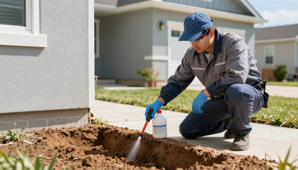A professional pest control technician wearing a uniform and safety gear applying a liquid termiticide into a shallow trench around the concrete foundation of a modern suburban home, highly detailed, realistic sunlight.
