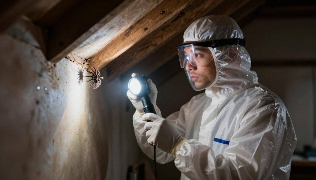 A professional pest control technician wearing safety gear, inspecting a dark attic corner with a flashlight for signs of venomous spiders.