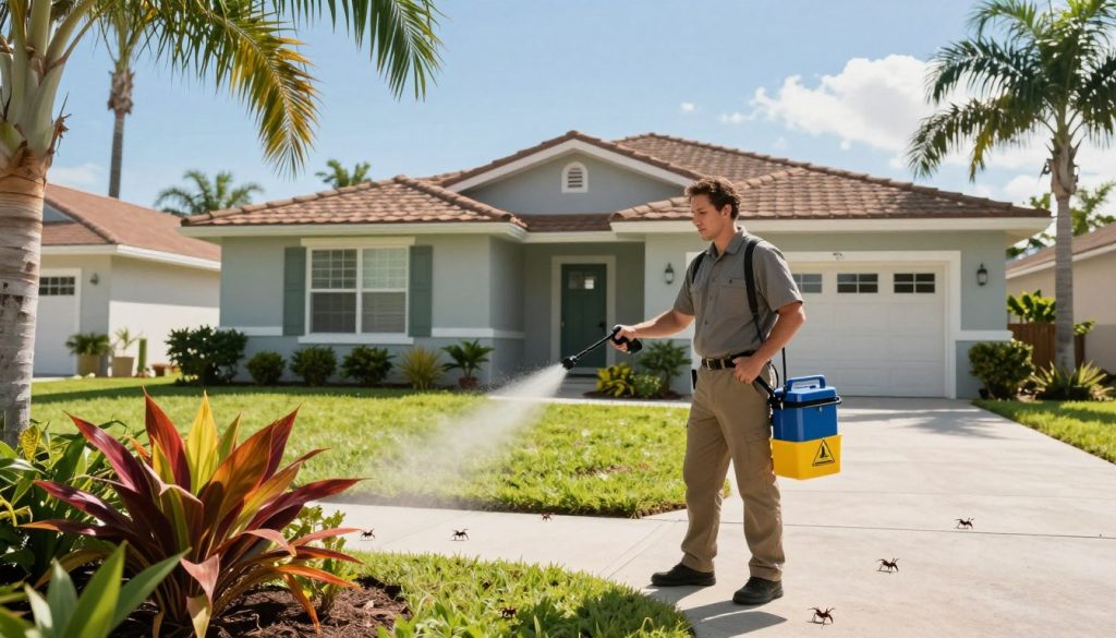 A serene Cape Coral neighborhood scene showcasing a professional pest control technician in modest casual attire effectively spraying for common household bugs like ants and roaches. In the foreground, include vibrant tropical plants and well-maintained lawns to highlight Florida's lush environment. The middle ground features a modern home with clear signs of pest control efforts, such as treatment equipment and warning signs. The background should depict clear blue skies, palm trees swaying gently, and other nearby houses to convey a sense of community. The lighting is bright and inviting, with warm tones reflecting a sunny day, creating a reassuring atmosphere that emphasizes the importance of pest control in maintaining a healthy home.