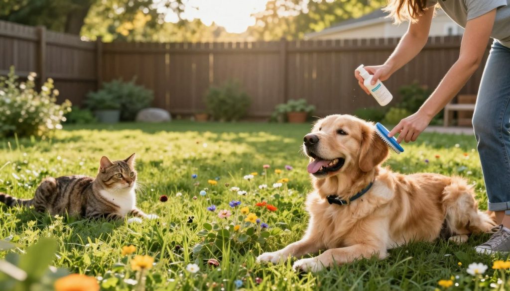 A serene backyard scene showcasing various pets being protected from ticks. In the foreground, a playful golden retriever wears a protective tick collar, while a content tabby cat lounges nearby. The middle ground features a lush green lawn dotted with wildflowers and a pet owner gently brushing their dog with a tick prevention spray bottle in hand. In the background, a well-maintained fence and trees cast soft shadows under warm, golden sunlight, creating a welcoming atmosphere. The scene is framed with vibrant colors reflecting a safe and healthy outdoor environment, capturing the essence of pet care and tick prevention in a harmonious way. Use natural lighting to enhance the warmth and tranquility of the setting, and focus on a wide-angle view to encapsulate the entire vibrant scene.