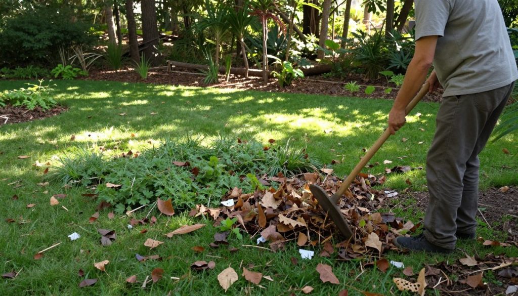 A serene garden scene in the foreground, featuring a person in modest casual clothing raking up leaf litter and debris to reduce tick habitat. The middle ground showcases a neatly maintained lawn with patches of greenery interspersed among the raked areas, highlighting the importance of clearing brush and weeds. In the background, a sunlit forest edge offers a contrast, indicating natural wildlife habitat. Soft, dappled sunlight filters through the trees, casting gentle shadows across the scene. The atmosphere is calm and proactive, promoting a sense of responsibility in maintaining a tick-safe environment. The image is shot from a slightly elevated angle, capturing both the individual’s action and the surrounding landscape, creating a harmonious balance.
