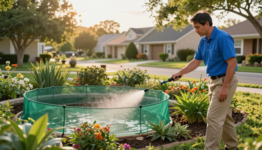 A serene outdoor setting illustrating various mosquito control strategies in action. In the foreground, a professional wearing a blue shirt and khaki pants is applying an eco-friendly pesticide to a garden area, demonstrating active mosquito control. The middle ground features a small pond covered with a natural mesh to prevent mosquito breeding, surrounded by lush greenery and flowering plants. In the background, a suburban neighborhood with well-maintained yards can be seen, emphasizing the importance of community involvement in pest control. Soft golden sunlight filters through the trees, creating a warm and inviting atmosphere, while the focus is sharp on the mosquito control efforts. The overall mood conveys a sense of responsibility and care for the environment.