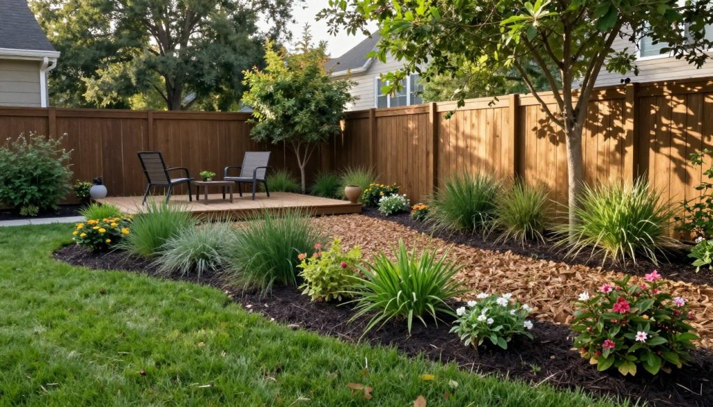A serene suburban backyard designed for tick control, emphasizing strategic landscaping. In the foreground, a neatly trimmed lawn bordered by a mix of native plants and flowering shrubs, creating a natural tick-safe zone. The middle ground features a well-defined wood chip pathway, leading to a wooden deck with outdoor furniture, inviting for relaxation. In the background, a tall wooden fence lined with healthy trees and low-maintenance plants, promoting sunlight while minimizing tall grasses. Soft morning light casts gentle shadows, enhancing the peaceful atmosphere. A subtle breeze rustles the leaves, conveying a tranquil outdoor space, perfect for family gatherings while reducing tick habitats. Cameras set at a slight elevation to capture the full landscape, with a focus on the balance between aesthetics and safety.