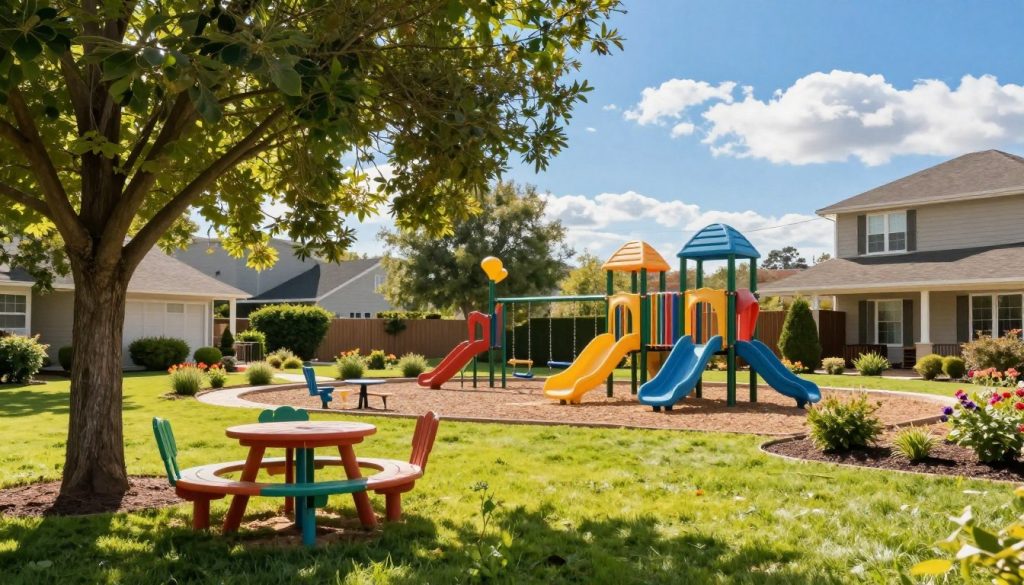 A sunny, inviting play area set in a vibrant suburban lawn, featuring children’s playground equipment like swings and slides positioned on a bright, grassy expanse. In the foreground, colorful outdoor furniture, such as a picnic table and chairs, is strategically placed under a large, leafy tree, emphasizing sunlight filtering through the leaves. The middle ground includes well-maintained flower beds and shrubs, showcasing a tidy, organized space ideal for family gatherings. The background shows a clear blue sky and a few fluffy clouds, enhancing the feeling of warmth and joy. The scene captures a cheerful atmosphere with soft, natural lighting, suggesting a mid-afternoon setting, inviting families to enjoy safe, tick-free outdoor spaces together. A wide-angle view emphasizes the sunny nature of the play area.