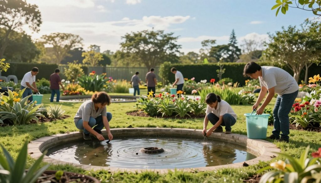 A tranquil outdoor scene showcasing effective mosquito breeding site reduction strategies, featuring a neatly landscaped garden in the foreground. Inhabited by professionals wearing modest casual clothing, one individual inspects stagnant water in a small pond, while another removes debris like old tires and plastic containers that could harbor mosquito larvae. In the middle ground, there are well-maintained flower beds and natural barriers such as native plants that repel mosquitoes. The background features a clear blue sky with soft sunlight filtering through trees, creating a warm, inviting atmosphere. The composition is balanced and focused, capturing the essence of source reduction in mosquito control. Use a wide-angle lens for a comprehensive view, maintaining soft depth of field to emphasize the professionals at work.