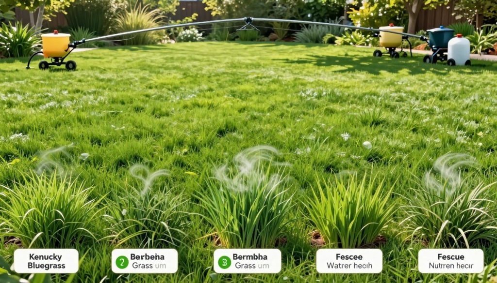 A vibrant, detailed illustration showcasing various types of turfgrass arranged in sections, each demonstrating their unique water and nutrient needs. In the foreground, distinct samples of Kentucky Bluegrass, Bermuda Grass, and Fescue are labeled with visual markers for hydration and nutrient requirements. The middle layer features a lush green lawn under bright sunlight, with a gentle breeze indicated by swaying blades of grass. In the background, a well-maintained garden with irrigation systems and fertilizer spreaders adds context to lawn care. Soft shadows enhance depth, and the scene is captured with a warm, inviting mood, utilizing a wide-angle lens to emphasize the expansive lawn. The overall atmosphere should convey a sense of professionalism and expertise in lawn care.