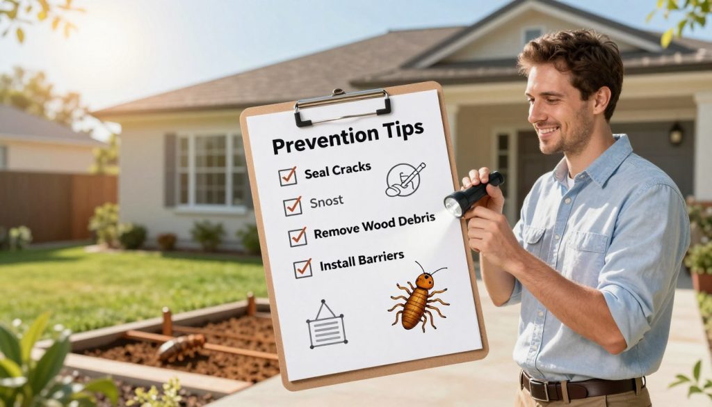 A well-organized, informative layout showcasing termite prevention tips. In the foreground, depict a cheerful, professional home inspector wearing a smart casual outfit, examining a home’s foundation with a flashlight. The middle section features a graphically illustrated checklist of prevention tips, including items like "Seal Cracks," "Remove Wood Debris," and "Install Barriers," arranged neatly on a stylish clipboard. The background shows a well-maintained garden and a home with clear, inviting architecture under a bright, sunny sky to symbolize a safe living environment. The lighting is warm and inviting, with soft shadows creating depth. Use a slight downward perspective to focus on the checklist while capturing the inviting ambiance of the home surroundings, promoting a sense of safety and proactive care against termites. The overall mood is optimistic and professional, aligning with the theme of prevention and effectiveness in termite control.