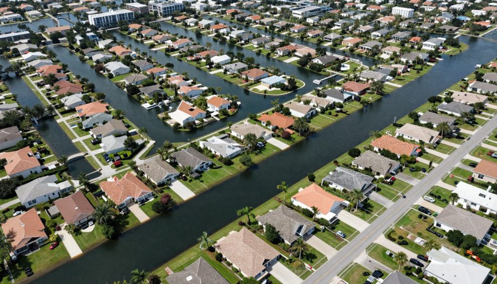 Aerial view of Cape Coral residential neighborhoods and waterways