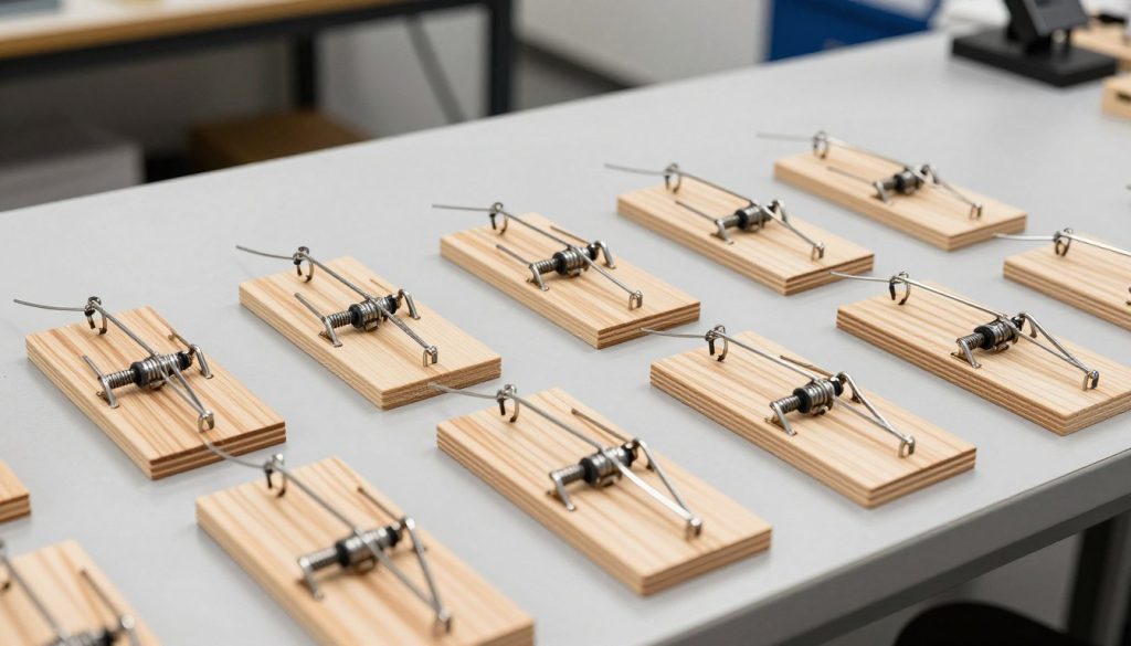 An assortment of professional-grade wooden and plastic snap traps for rodent control laid out on a clean workbench.