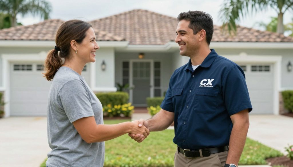 CX Pest Solutions technician shaking hands with satisfied Cape Coral customer CX Pest Solutions technician shaking hands with satisfied Cape Coral customer