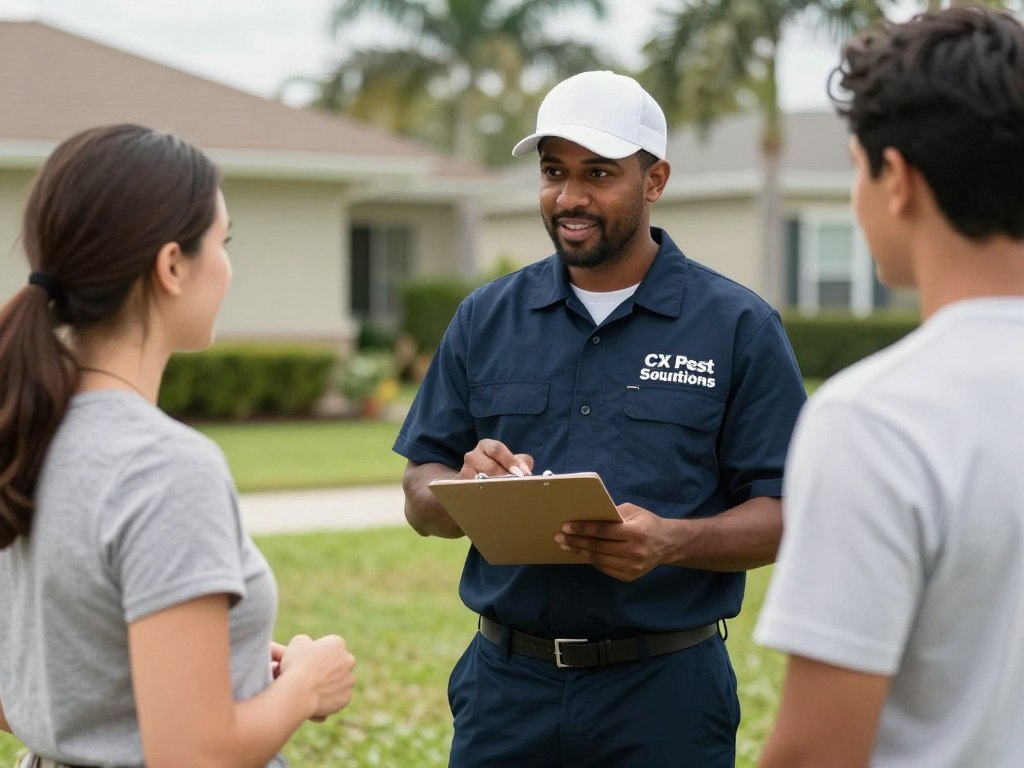 Cape Coral homeowner consulting with CX Pest Solutions mosquito control expert Cape Coral homeowner consulting with CX Pest Solutions mosquito control expert