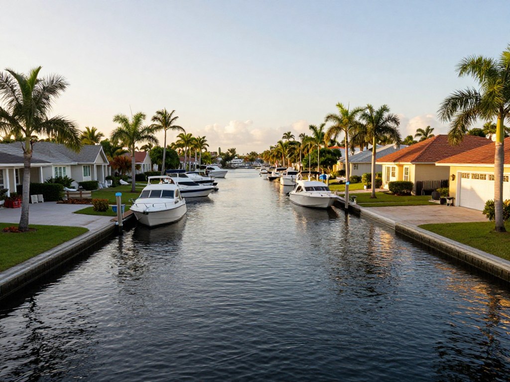 Cape Coral waterfront canal with boats and homes showing ideal mosquito breeding conditions Cape Coral waterfront canal with boats and homes showing ideal mosquito breeding conditions