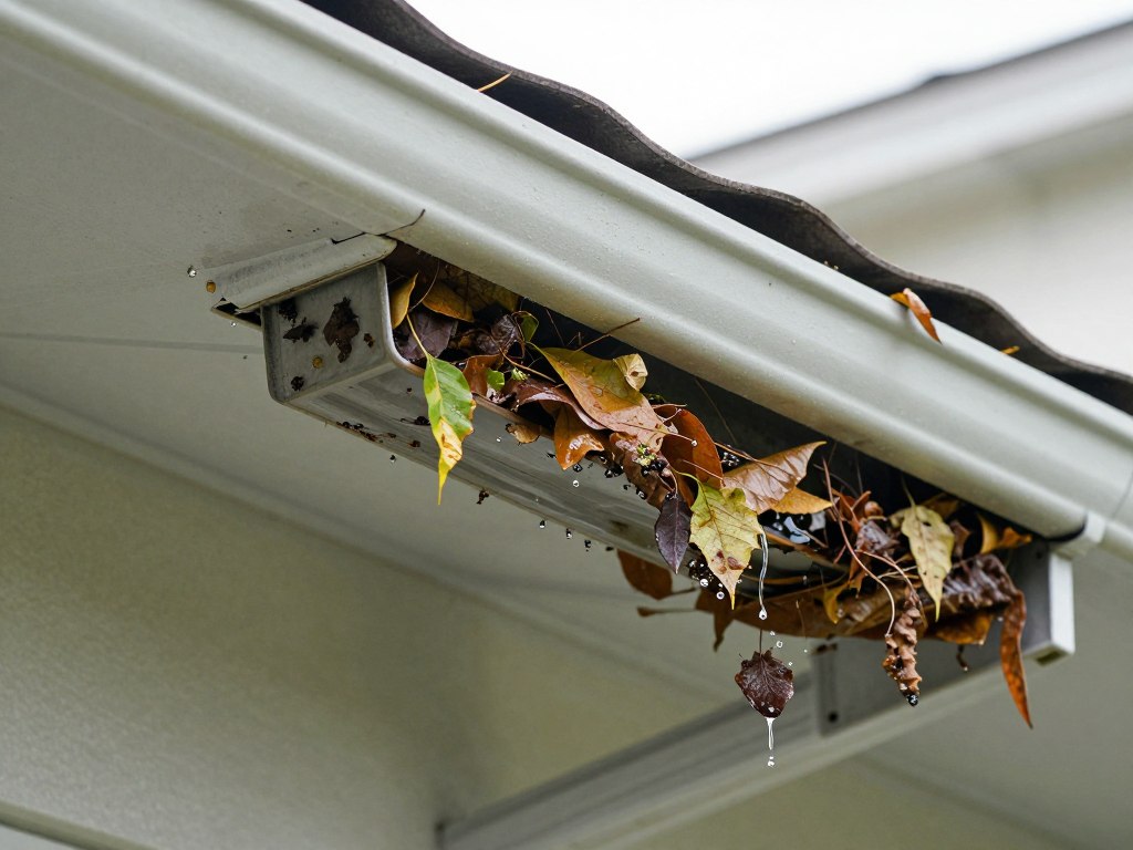 Close-up of clogged gutter with standing water ideal for mosquito breeding Close-up of clogged gutter with standing water ideal for mosquito breeding