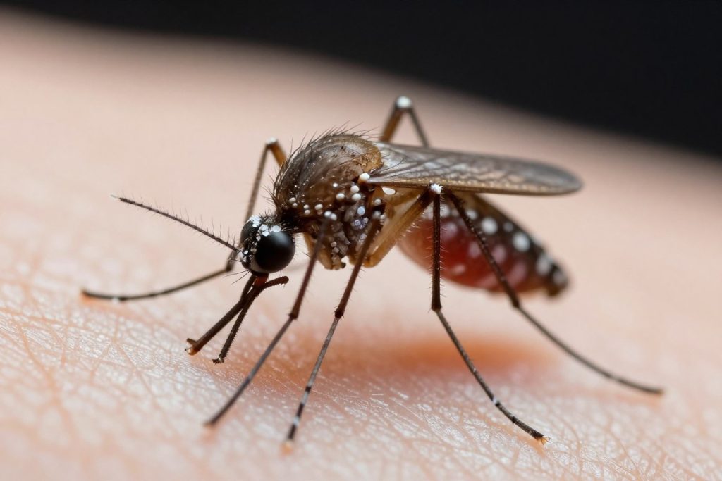 Close-up of mosquito biting human skin showing disease transmission risk Close-up of mosquito biting human skin showing disease transmission risk