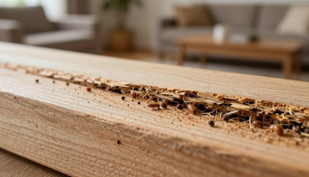 Close-up view of wood damage caused by termites, showing distinctive signs of infestation such as tiny holes, frass (termite droppings), and faint trails along the wood grain. In the foreground, focus on a piece of wood with clear signs of termite activity, capturing the granular texture and intricate details of the damage. In the middle, include a few scattered frass pellets and remnants between the wood layers. The background should be a blurred backdrop of a typical home setting, subtly highlighting a cozy living environment. Use warm, natural lighting to create a realistic atmosphere, reminiscent of a home inspection. The camera angle should provide a slightly elevated perspective, emphasizing the damage without revealing too much of the surrounding area. Aim for a serious yet informative mood, ideal for illustrating the importance of recognizing termite treatment needs.