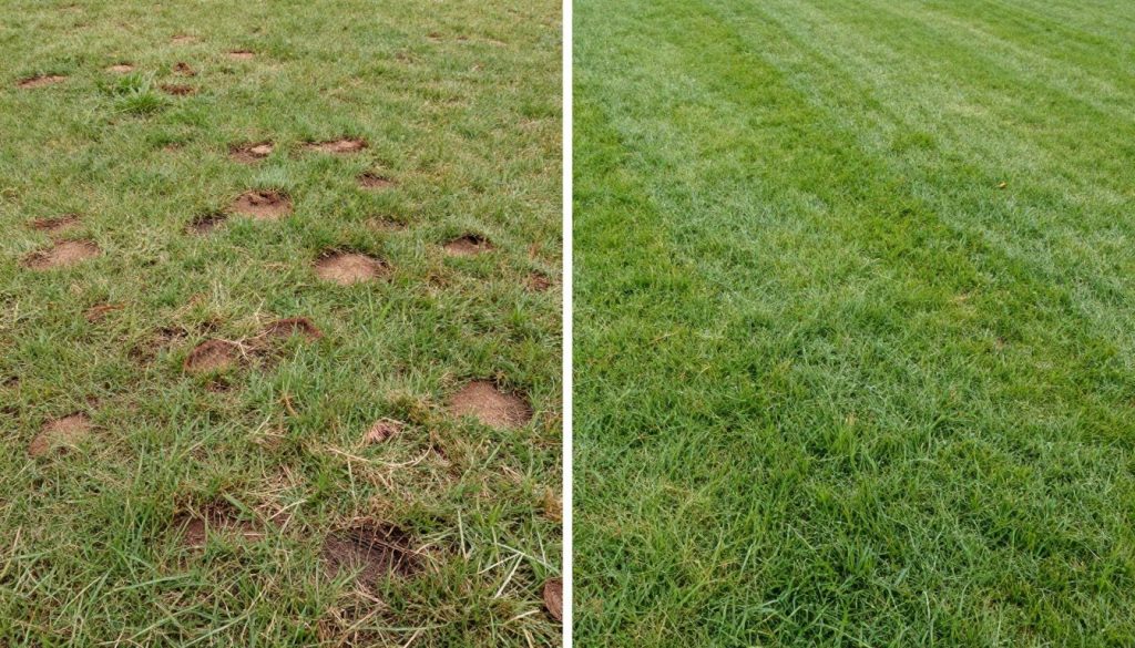 Comparison showing lawn damage from pests versus proper treatment results