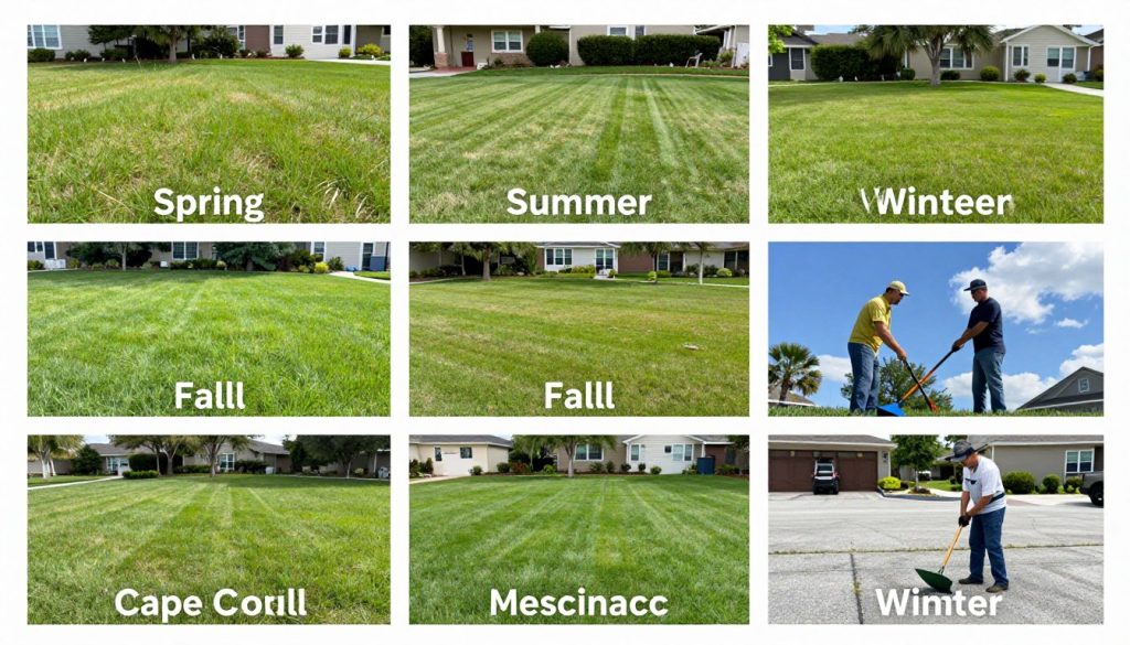 Four-season lawn care cycle showing Cape Coral grass throughout the year