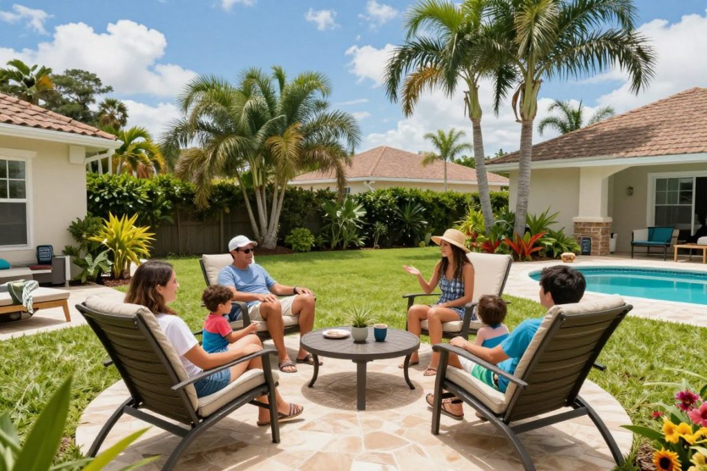 Happy Cape Coral family enjoying mosquito-free backyard after treatment Happy Cape Coral family enjoying mosquito-free backyard after treatment
