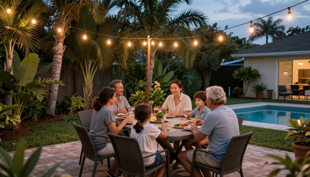 Happy Cape Coral family enjoying mosquito-free backyard evening gathering Happy Cape Coral family enjoying mosquito-free backyard evening gathering