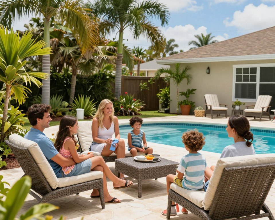 Happy Cape Coral family enjoying their backyard pool area without mosquitoes Happy Cape Coral family enjoying their backyard pool area without mosquitoes