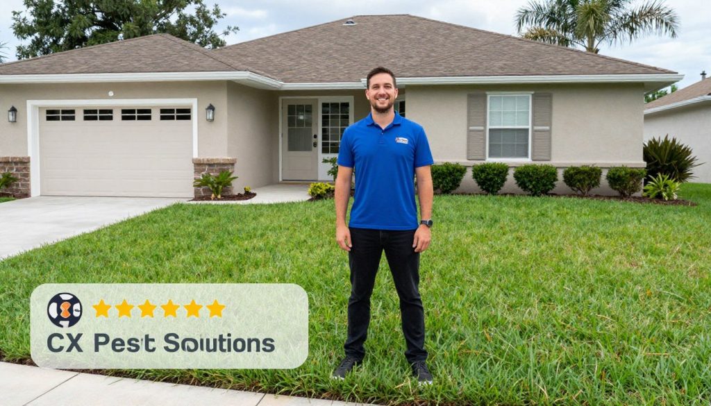 Happy Cape Coral homeowner with beautiful lawn maintained by CX Pest Solutions