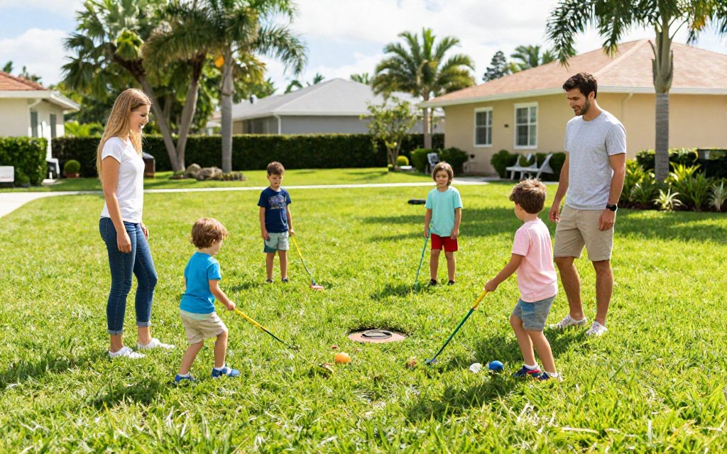 Healthy pest-free Cape Coral lawn with family enjoying outdoor space