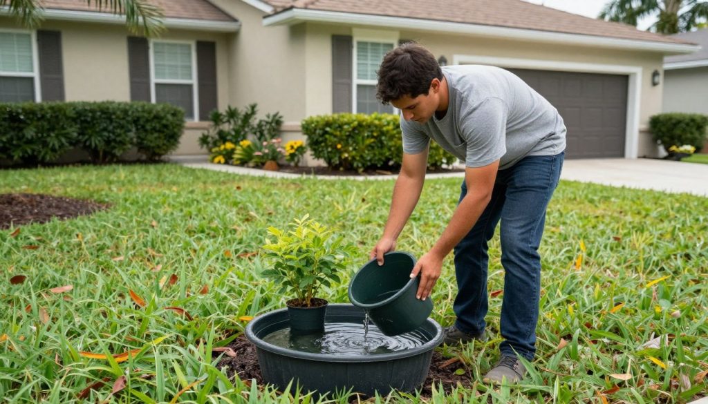 Homeowner removing standing water from plant saucers and containers in Cape Coral yard Homeowner removing standing water from plant saucers and containers in Cape Coral yard