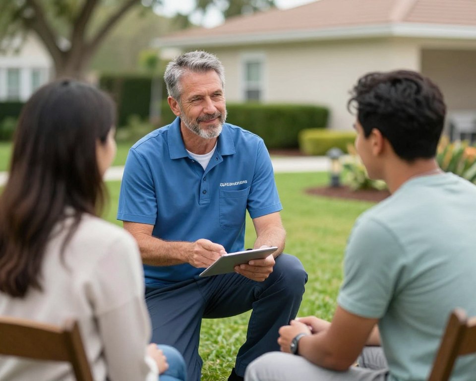 Lawn care professional answering customer questions in Cape Coral