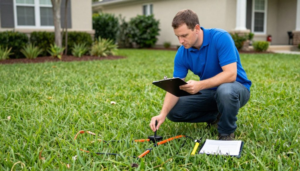 Lawn care professional conducting property assessment in Cape Coral yard