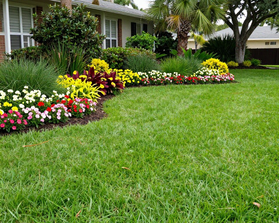 Lush green Cape Coral lawn in spring with blooming landscape plants