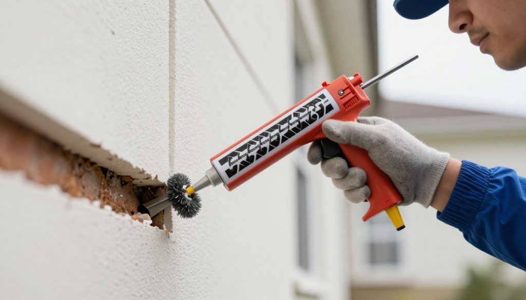 Macro photography of a professional pest control technician using a caulking gun to apply sealant and steel wool to a small gap in a house foundation, daylight, realistic style.