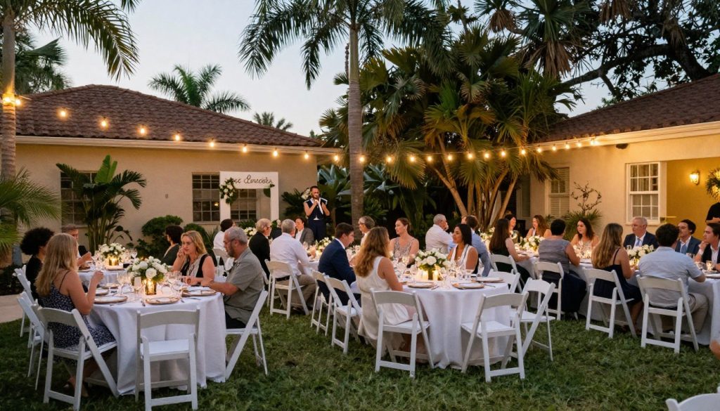 Outdoor Cape Coral wedding reception setup in mosquito-free backyard Outdoor Cape Coral wedding reception setup in mosquito-free backyard
