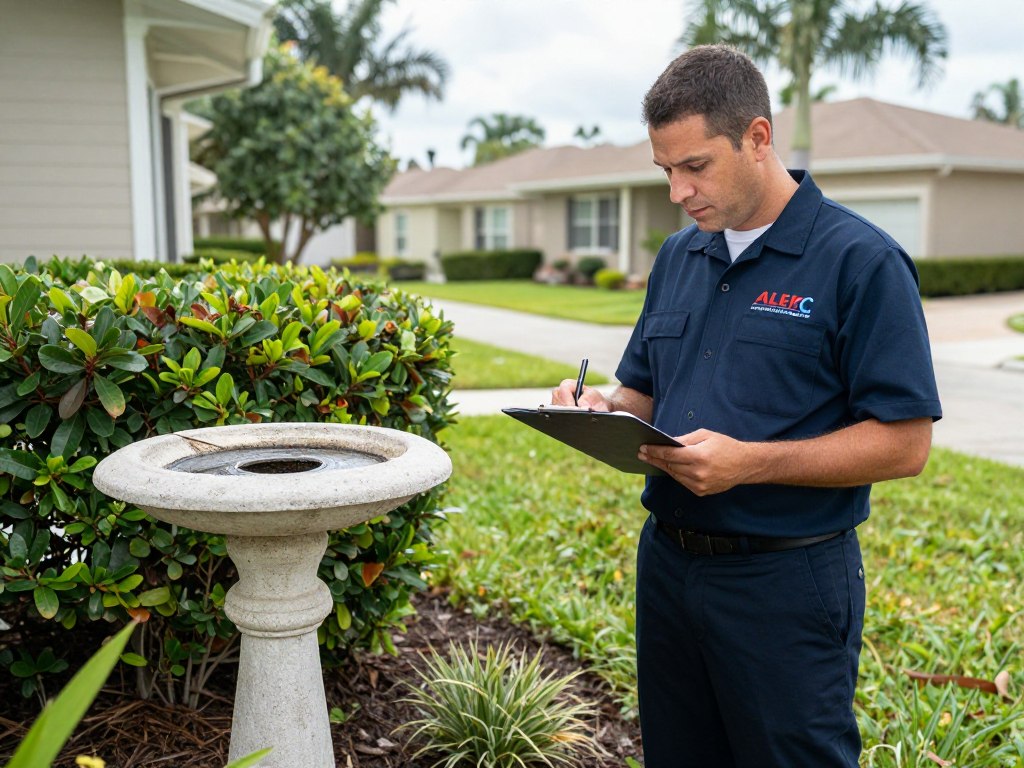Pest control inspector identifying mosquito breeding sites in Cape Coral yard Pest control inspector identifying mosquito breeding sites in Cape Coral yard