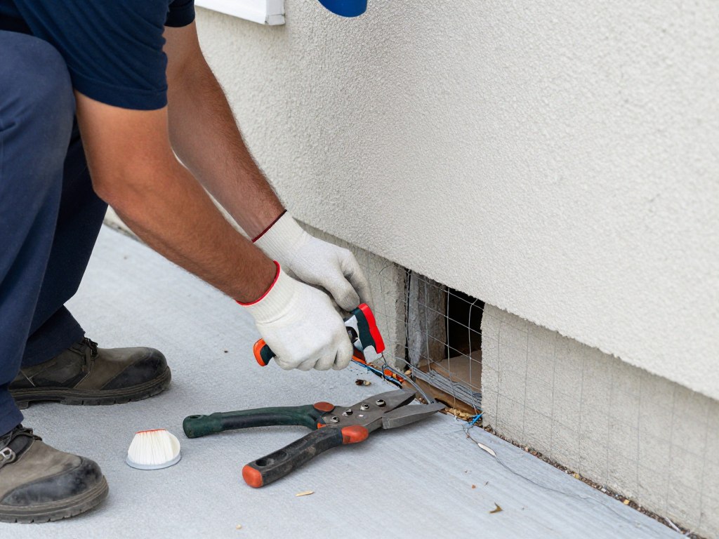 Pest control professional sealing rodent entry points in Cape Coral home exterior