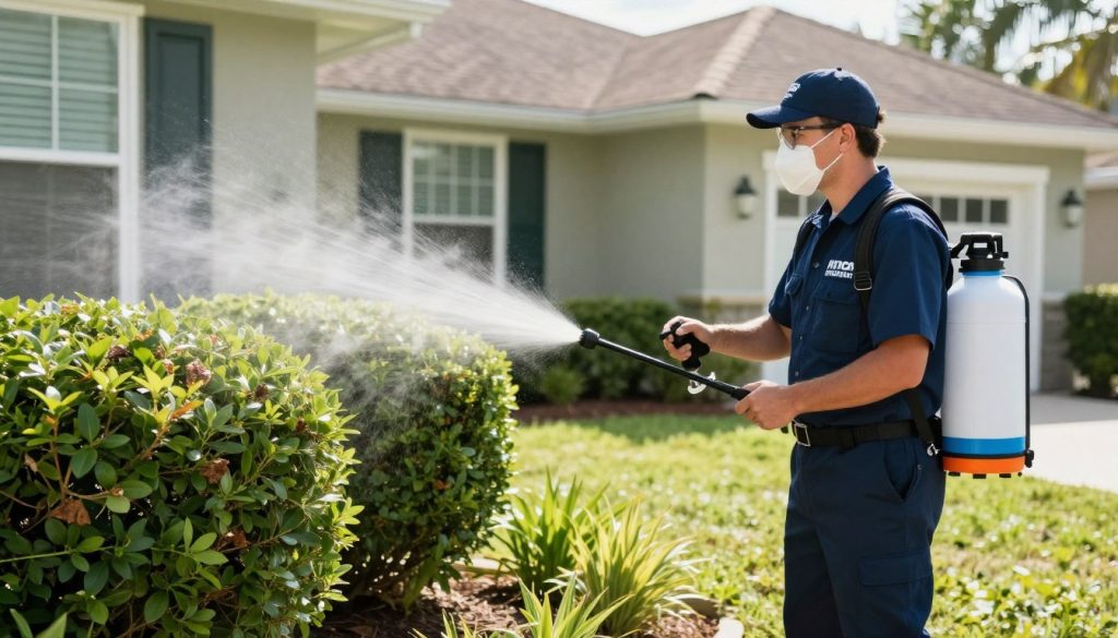 Pest control technician applying mosquito barrier spray treatment to Cape Coral property vegetation Pest control technician applying mosquito control in Cape Coral FL barrier spray treatment to property vegetation