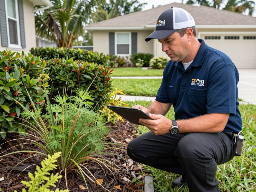 Pest control technician conducting yard inspection for mosquito breeding sites Pest control technician conducting yard inspection for mosquito breeding sites