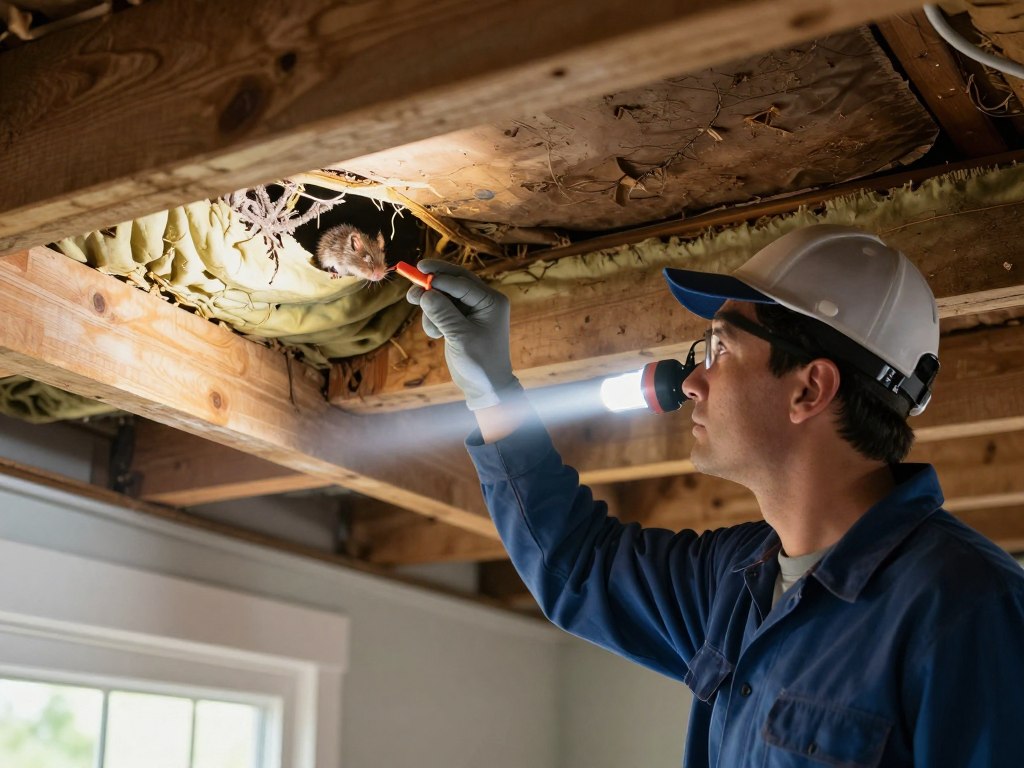 Pest control technician inspecting attic for signs of rodent activity Pest control technician inspecting attic for signs of rodent activity