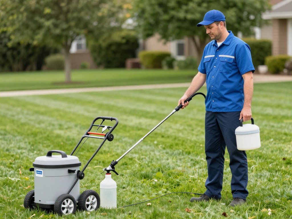 Professional applying integrated pest and lawn care treatment