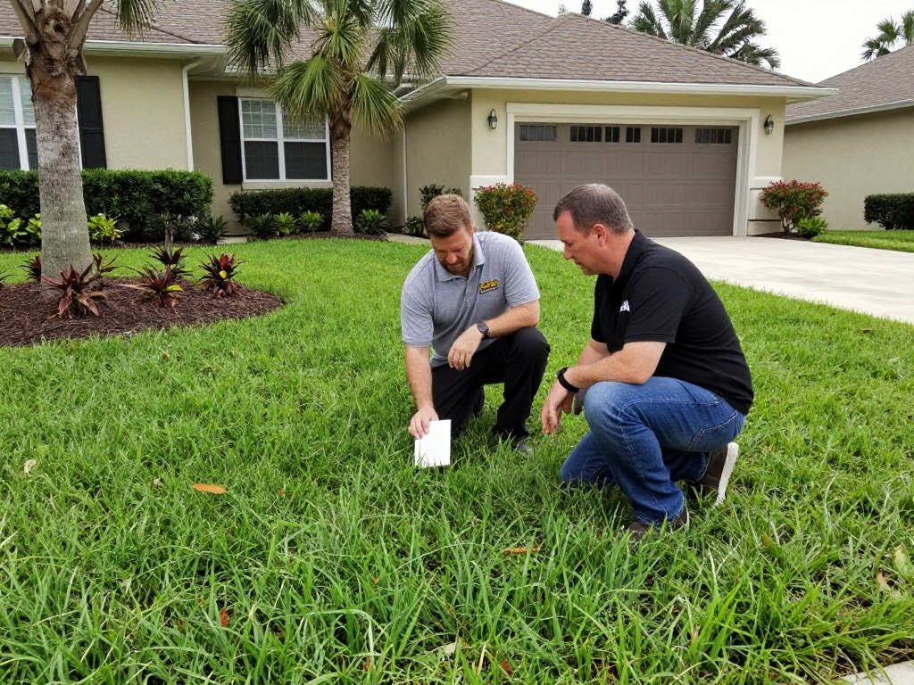 Professional conducting free lawn assessment in Cape Coral yard