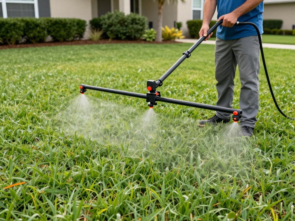 Professional fertilization equipment spreading treatment on Cape Coral lawn