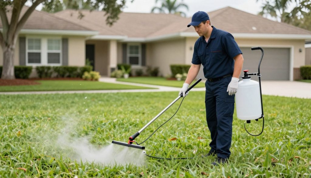 Professional lawn care technician applying treatment to Cape Coral residential yard