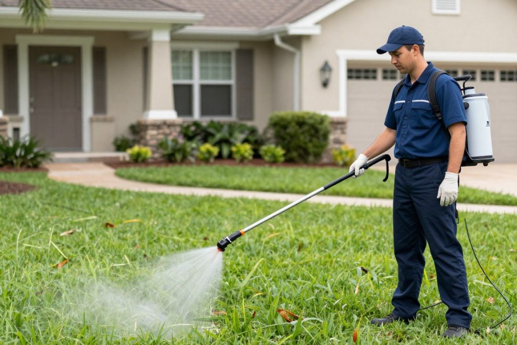Professional lawn care treatment being applied to Cape Coral residential property