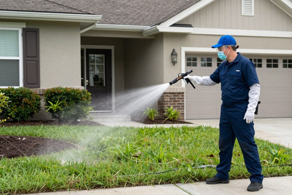 Professional technician applying perimeter barrier treatment around Cape Coral home