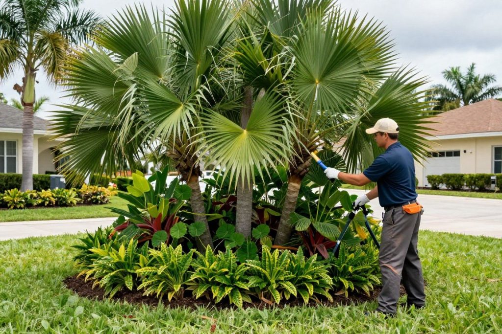 Professional treating ornamental plants and palm trees in Cape Coral landscape