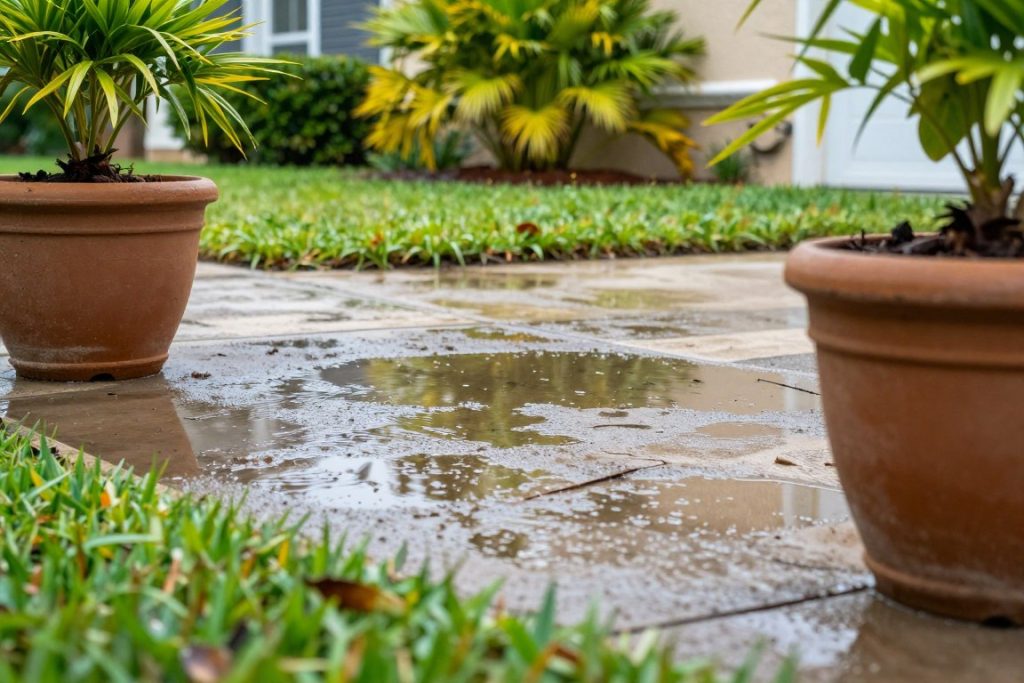 Standing water in Cape Coral yard after rain creating mosquito breeding habitat Standing water in Cape Coral yard after rain creating mosquito breeding habitat