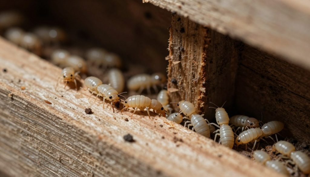 Subterranean termites visible within structural wood, showcasing their small, creamy-white bodies and mandibles as they burrow and damage the timber. In the foreground, a cross-section of the wood reveals intricate tunnels created by the termites. The middle ground features more termites actively foraging and transporting wood particles, adding to the sense of infestation. In the background, dim lighting highlights the decay and wear of the wood structure, emphasizing the threat posed by these pests. The atmosphere is dark and somber, with a focus on the destructive capabilities of termites, capturing the urgency of termite control. Use a macro lens perspective to enhance the details of the termites and wood textures, and create a subtly illuminated environment that draws attention to the termites' activity without any distractions.